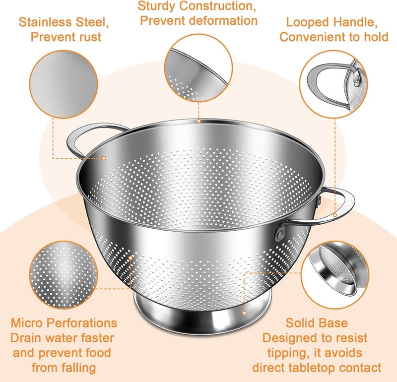 EWFEN Stainless Steel Colander for Kitchen | 5 Quart Durable Rice and Pasta Strainer with Handle | Oversized Handles | Nesting Design | Rust-Resistant & Dishwasher Safe - Image 4